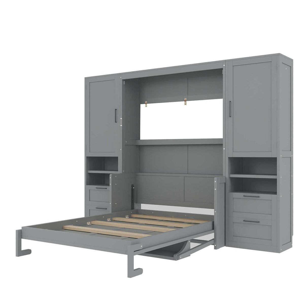 Merax Full Size Murphy Bed with Desk, Space-Saving Wall Bed Frame with Closet, Drawers and Shelves, Multifunctional Foldable Platform Bed for Small Spaces Studio Study Office Guest Room, Gray Merax