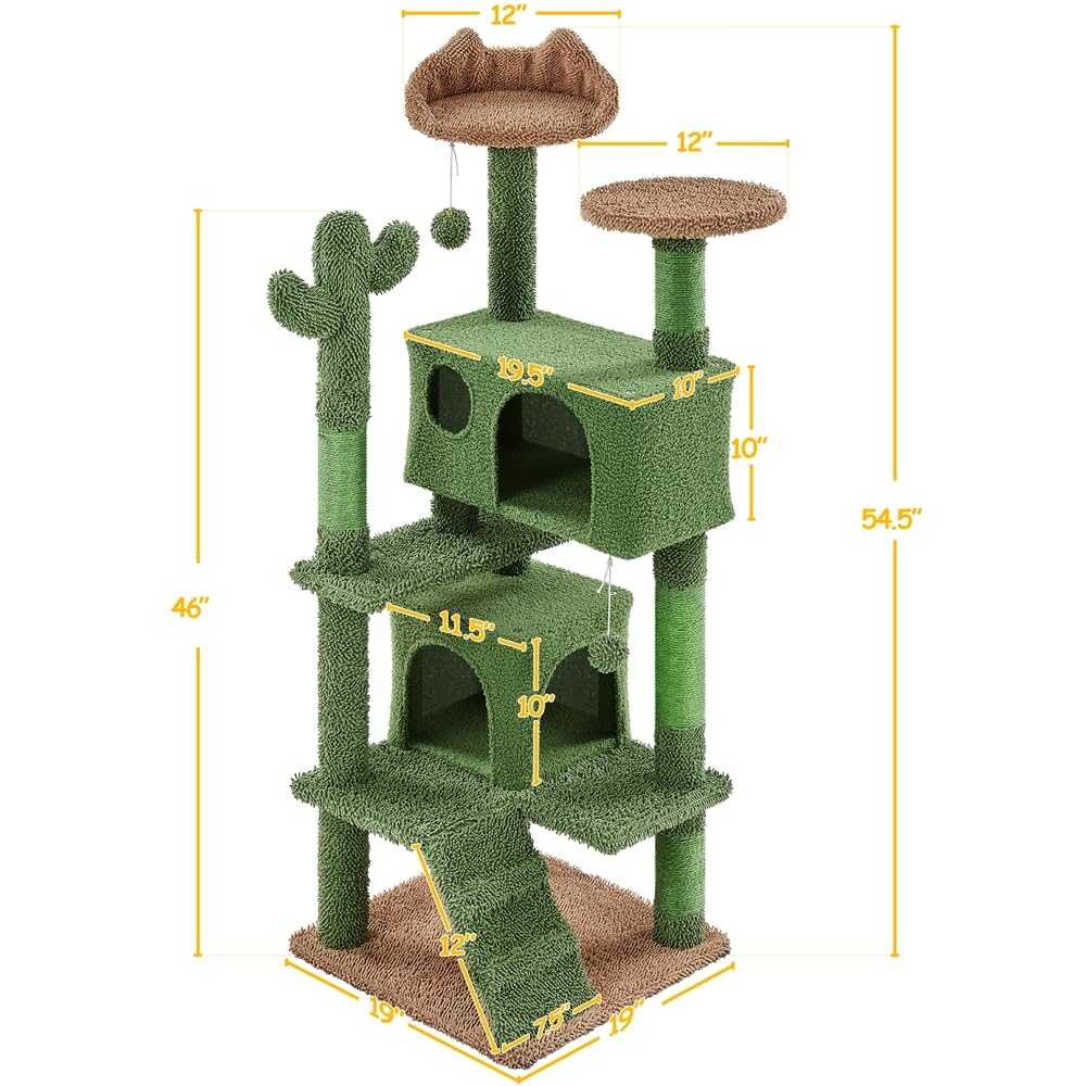 Yaheetech Cactus Cat Tree, 54.5in Tower w/Ramp, Animal-Ear Shaped Perch, Scratching Posts, Platform & Hanging Ball, Multi-Level Condo for Indoor Kittens, Green/Brown Yaheetech