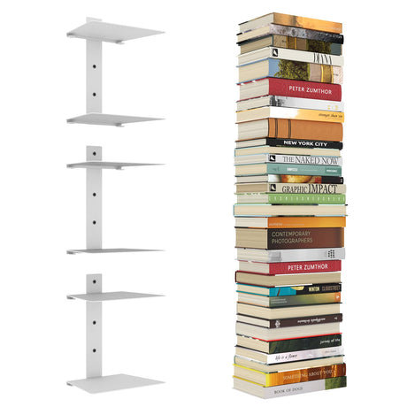 Mefirt Invisible Floating Bookshelves for Wall, 6 Tier Vertical Spine Book Tower, Heavy Duty Floating Book Shelves Metal Book Organizers for Home Office, 3 Pack(White) Mefirt