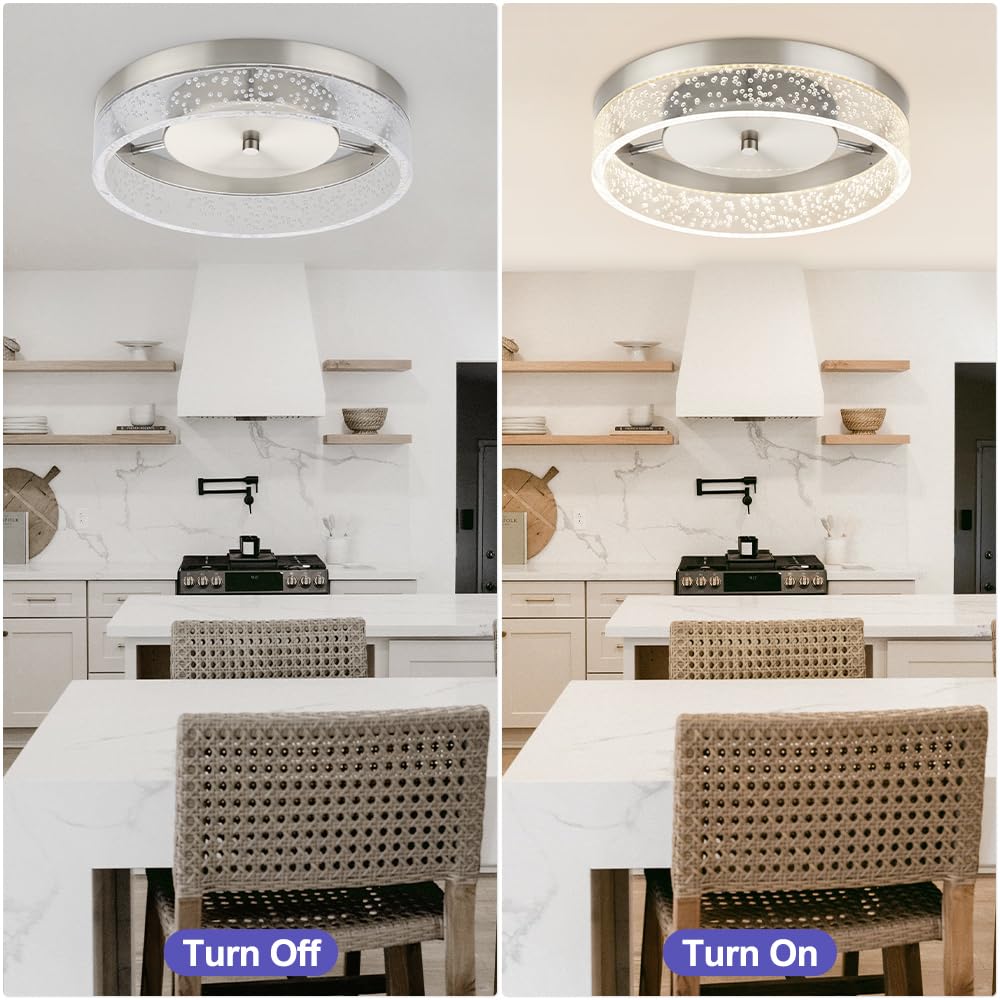 Bekada LED Flush Mount Ceiling Light Fixture, 12In Crystal Chandelier with Clear Bubble Acrylic, Modern Ceiling Lighting for Dining Room, Bedroom, Living Room, Kitchen, Brushed Nickel, 4000K Dimmable Bekada