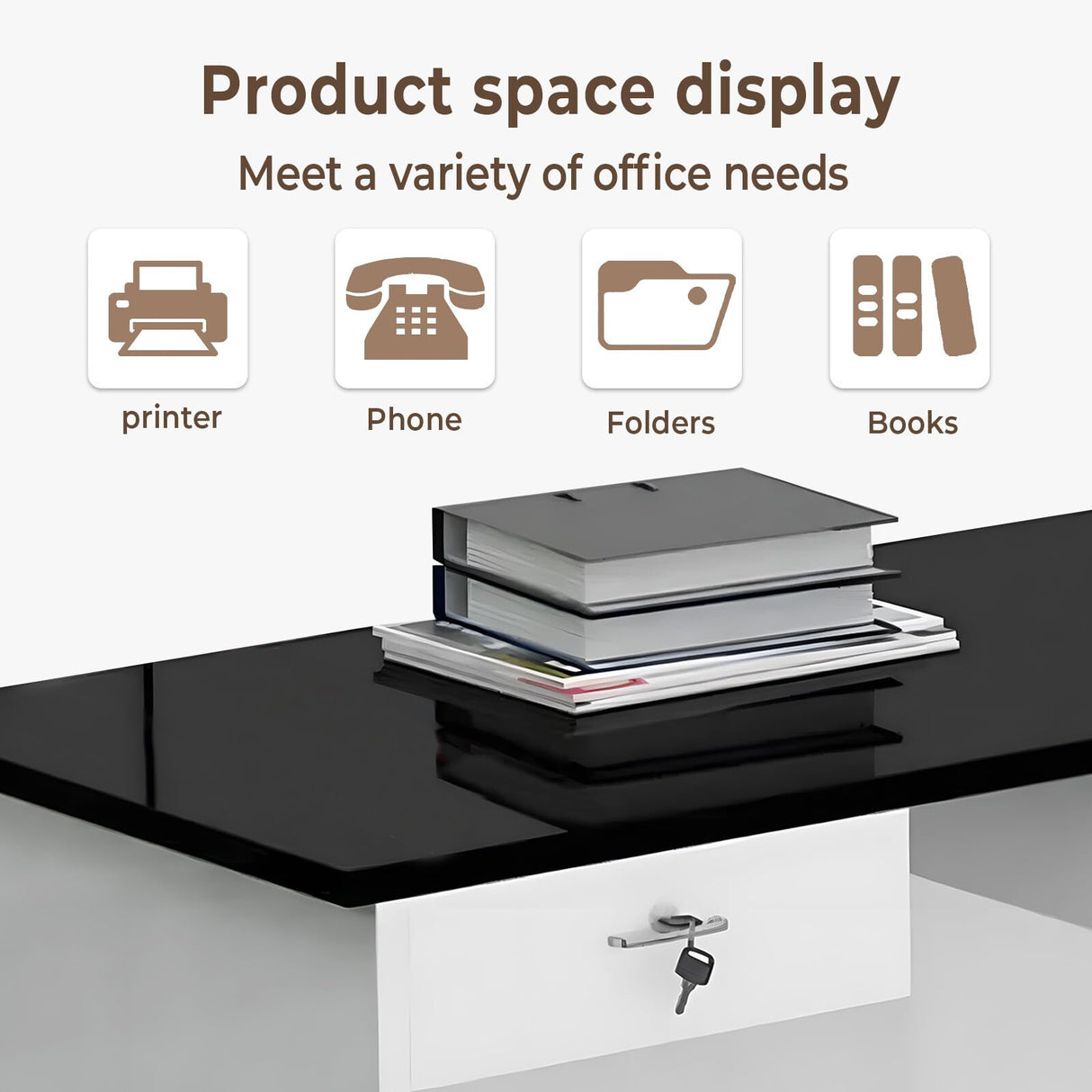 Huariifowm Modern Reception Desk Counter with with Counter & Lockable Srotage Drawers Office Wooden Front Desk with Keyboard Holder for Office (Pure White+Black/Left, 87" L*24" W*39" H) Huariifowm