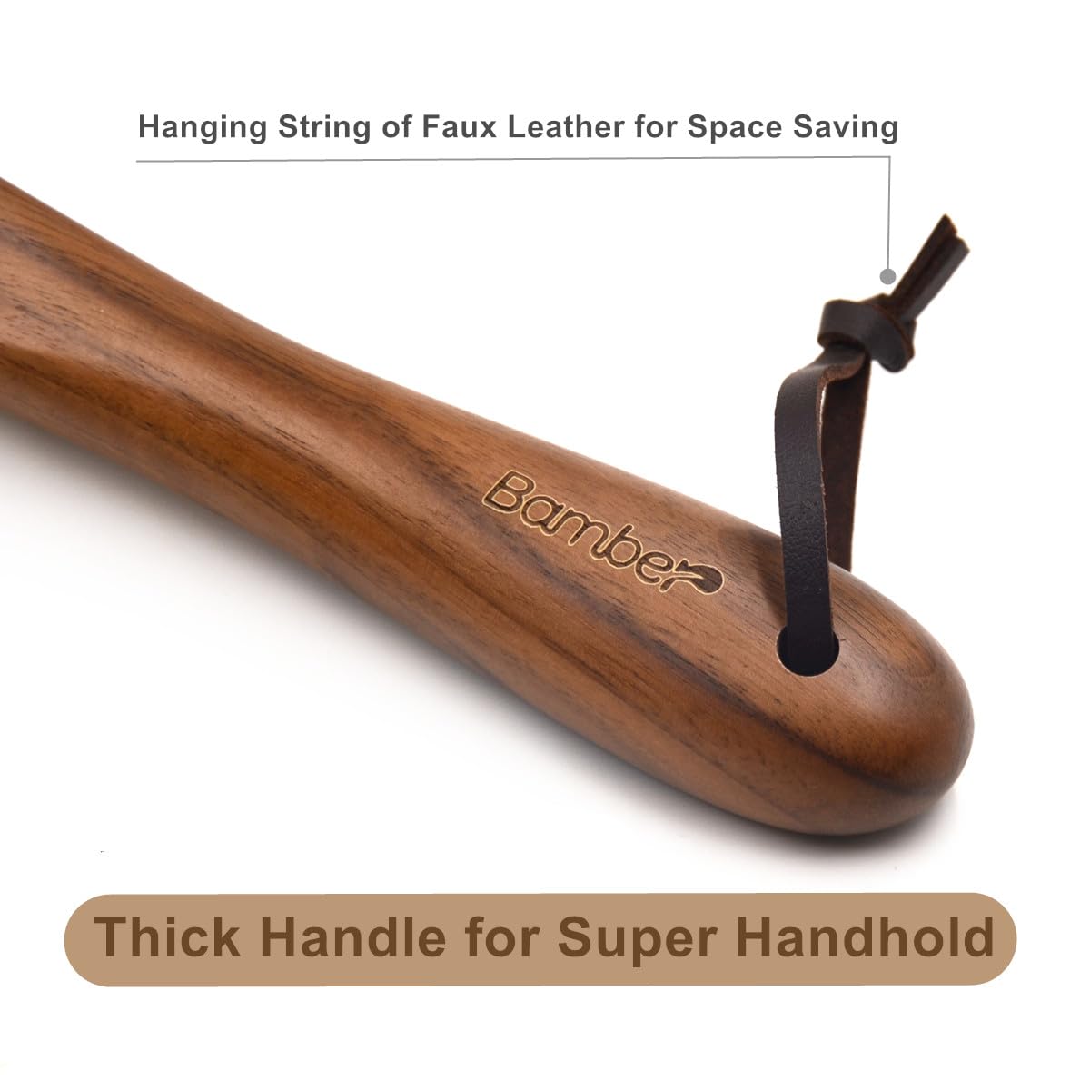 Bamber Wooden Shoe Horn Wood Shoehorn with Handle for Seniors Women Men Kids, 15'' Long, Black Walnut Bamber