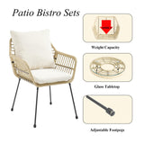 DAYAOUTDOOR 3 Pieces Outdoor Bistro Set, Bistro Set Outdoor with Glass Top Table, Patio Wicker Furniture Set 3 Piece, Rattan Conversation Set for Balcony, Lawn, Garden, Backyard, Poolside, Beige DAYAOUTDOOR