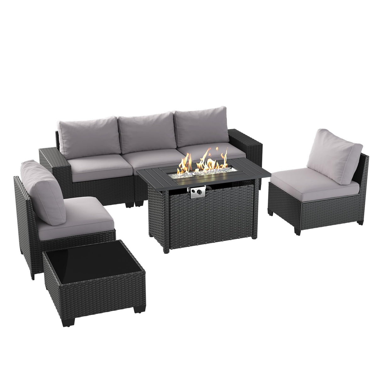 Aoxun Outdoor Patio Furniture Set with 44'' Fire Pit Table, 7 Pcs Outdoor Patio Furniture Sets with 4in Thicken Cushion, Widen Armrests Wicker Outdoor Sectional for Backyard (Waterproof Cover Include) Aoxun