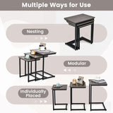 Tangkula Nesting Table Set of 3, Rectangle Stacking Side End Table w/Wood Top & Metal Legs, Adjustable Foot Pads, C-Shaped Accent Coffee Tables for Small Spaces, Living Room (C-Shaped, Gray, 3-pc) Tangkula