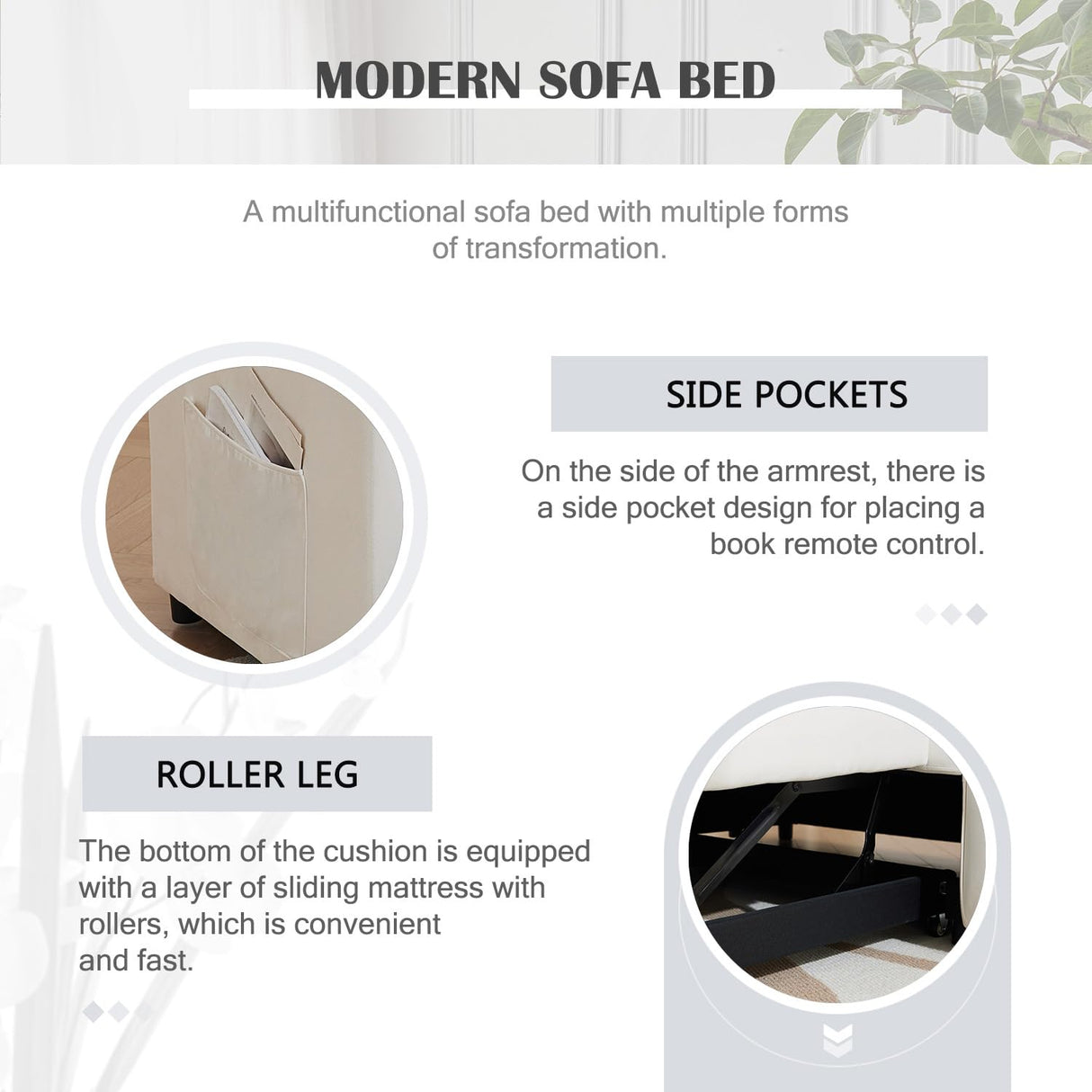 Hixkol Convertible Sleeper Sofa Bed, 55.51" Modern Velvet 3-in-1 Futon Couch, Pullout Bed with Adjustable Backrest, Storage Pockets and Toss Pillows for Living Room, Bedroom (White) Hixkol