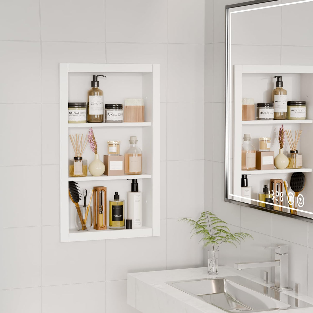 HAIDAIYA 14'' * 24'' Recessed Medicine Cabinet Wall Niche Wood, 3-Tier Bathroom Niche Insert for Drywall, in Wall Shelf Medicine Cabinets Replacement, for Living Room, Bathroom Storage, White HAIDAIYA