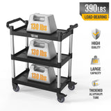 TUFFIOM 3-Tier Plastic Service Utility Cart with Wheels, Heavy Duty 390lbs Capacity, Commercial Rolling Ideal for Restaurant, Foodservice, Office, Warehouse, Black 34.8''L x 17.4''W x 38.6''H TUFFIOM
