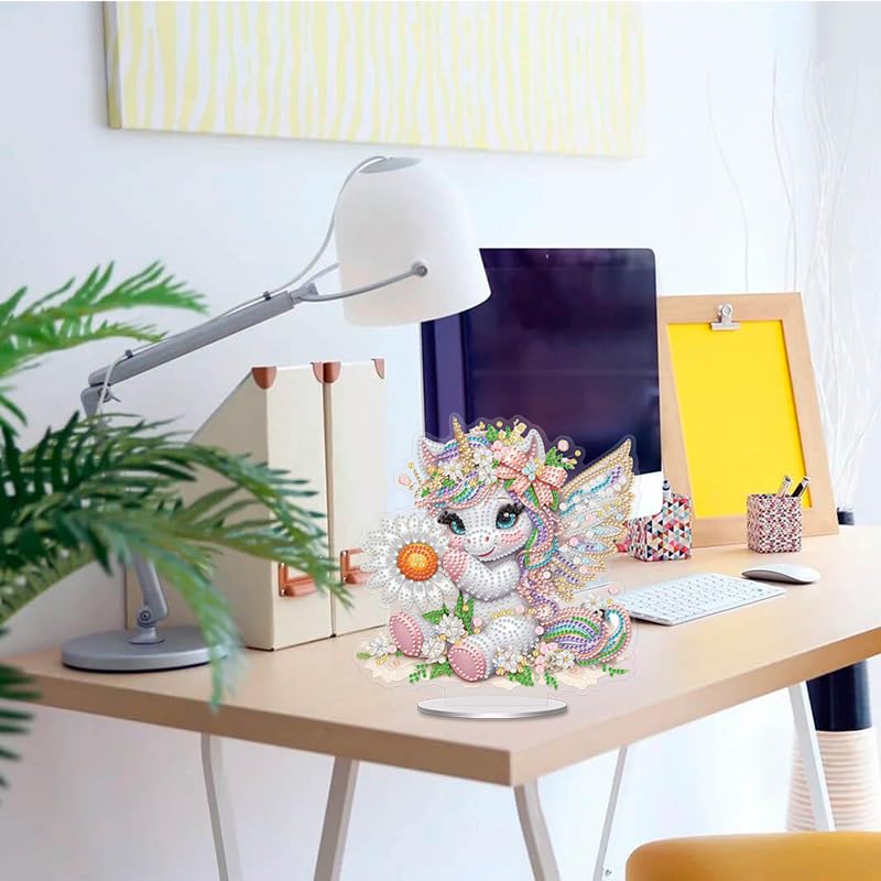 Cute Unicorn and Daisy Diamond Painting Desktop Ornament Kit, 5D DIY Acrylic Crystal Special Shaped Tabletop Kawaii Diamond Art Home Decor for Adult (ZS10) Generic