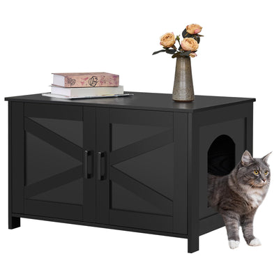 Homhedy Cat Litter Box Enclosure,Litter Box Furniture Hidden with Barn Door,Wooden Cat Washroom Furniture,Cat House,Fit Most of Litter Box, Black