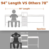 GYIIYUO 94'' Two Person Desk with Charging Station, Long Desk with 3 Fabric Drawers and Printer Shelf, Double Computer Desk, 2 Person Writing Study Table Workstation for Home Office, White GYIIYUO