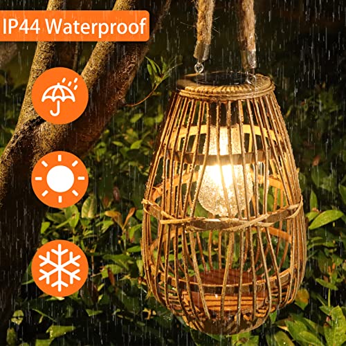 Outdoor Solar Lantern Hanging Lights - Natural Rattan Solar Lantern with Handle, Large Waterproof Led Decorative Garden Lights, Bright Rattan Solar Table Lamp for Yard Patio Wedding Home Decoration HERJIATK