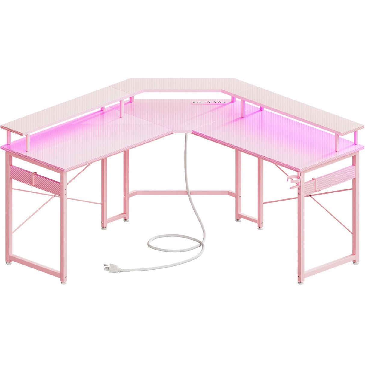 ODK L Shaped Gaming Desk with LED Lights & Power Outlets, 51" Computer Desk with Full Monitor Stand, Corner Desk with Cup Holder, Gaming Table with Hooks, Pink ODK