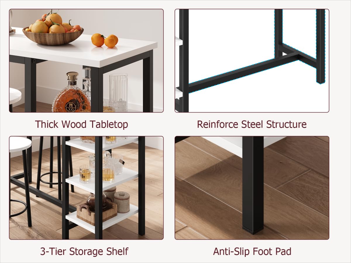 Counter Height Dining Table Set with Stools and Storage Shelves by IDEALHOUSE - White 3 Piece Pub Table for Small Spaces IDEALHOUSE