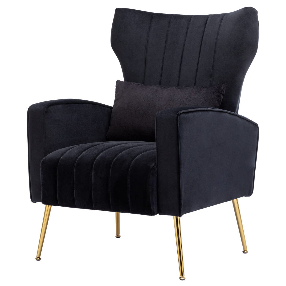 chairus Wingback Velvet Accent Chair, Modern Living Room Armchair Comfy Upholstered Single Sofa Chair for Bedroom Dorms Reading Reception Room with Gold Legs & Small Pillow, Black chairus