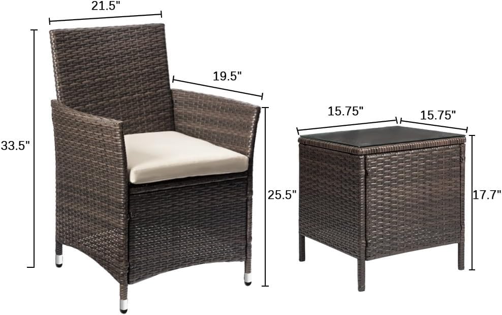 Devoko Patio Porch Furniture Sets 3 Pieces PE Rattan Wicker Chairs with Table Outdoor Garden Furniture Sets (Brown/Beige) - WoodArtSupply