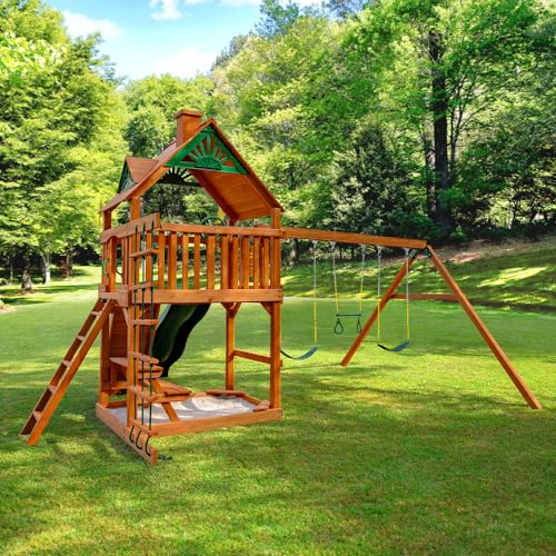 Gorilla Playsets 01-0003-AP Chateau Swing Set with Wood Roof, Wave Slide, and Rock Wall, Amber Gorilla Playsets