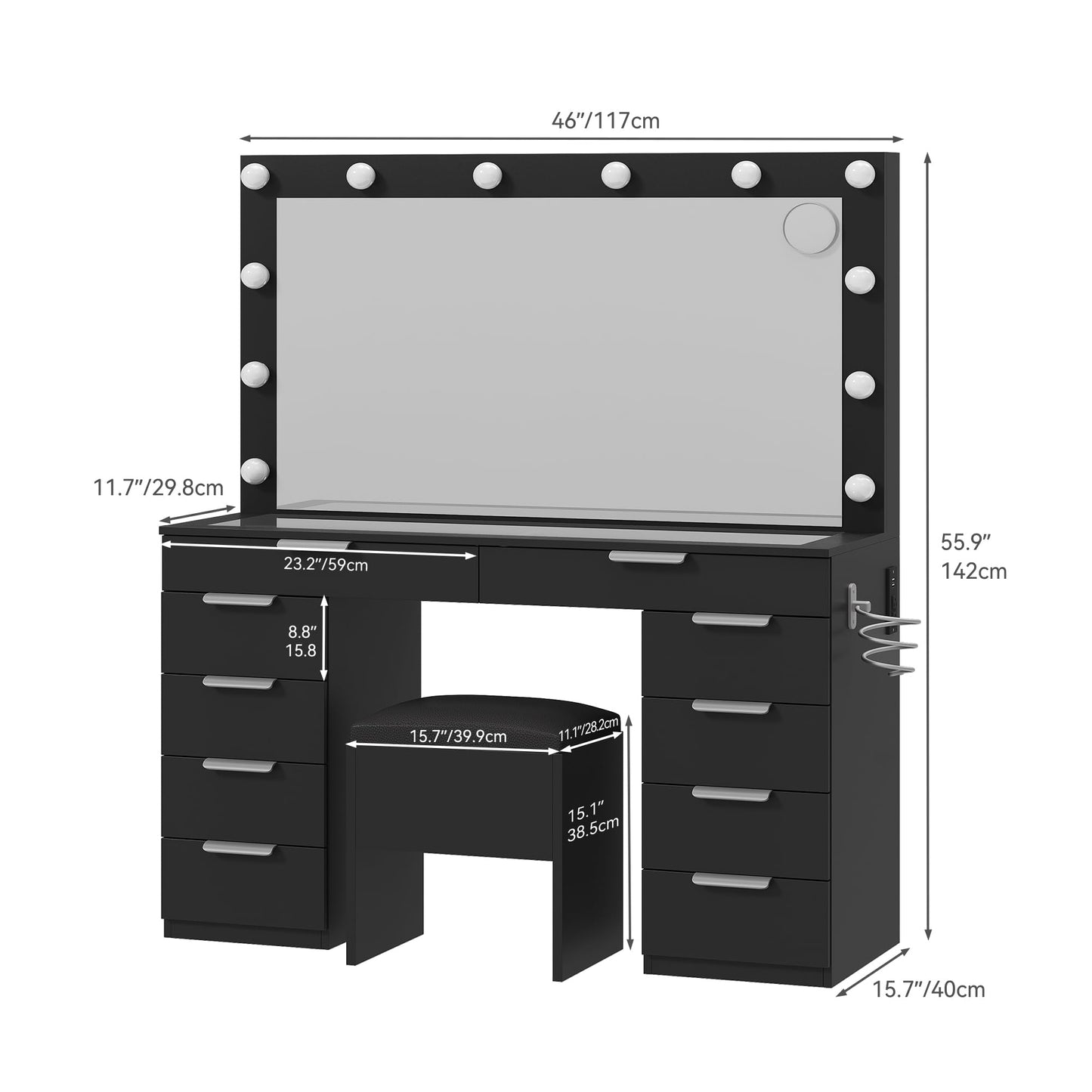 YITAHOME Vanity Desk with Mirror and Lights, Makeup Vanity Set with Glass Top & 10-Drawer, Charging Station, Dressing Table with Storage Chair & 3-Color Brightness Adjustable Lighting, Ink Black