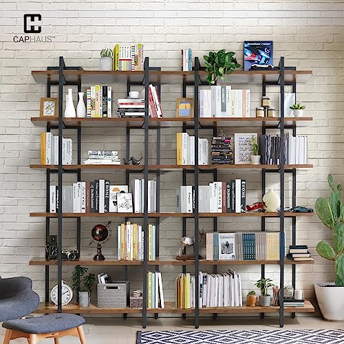 CAPHAUS Vintage Industrial 6-Tier Bookshelf in Rustic Oak – 86" High Open Display Unit with Durable Metal and Wood Design CAPHAUS
