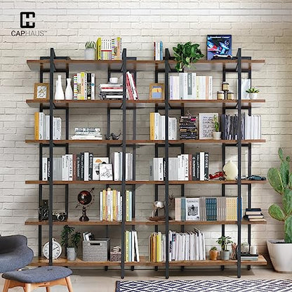 CAPHAUS Vintage Industrial 6-Tier Bookshelf in Rustic Oak – 86" High Open Display Unit with Durable Metal and Wood Design - WoodArtSupply