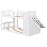 CITYLIGHT Kids Bunk Bed with Slide and Stairs, Twin Over Twin Bunk Bed with 3 Drawers, Floor Bunk Bed for Kids, Wooden Bunk Bed Frame, White CITYLIGHT