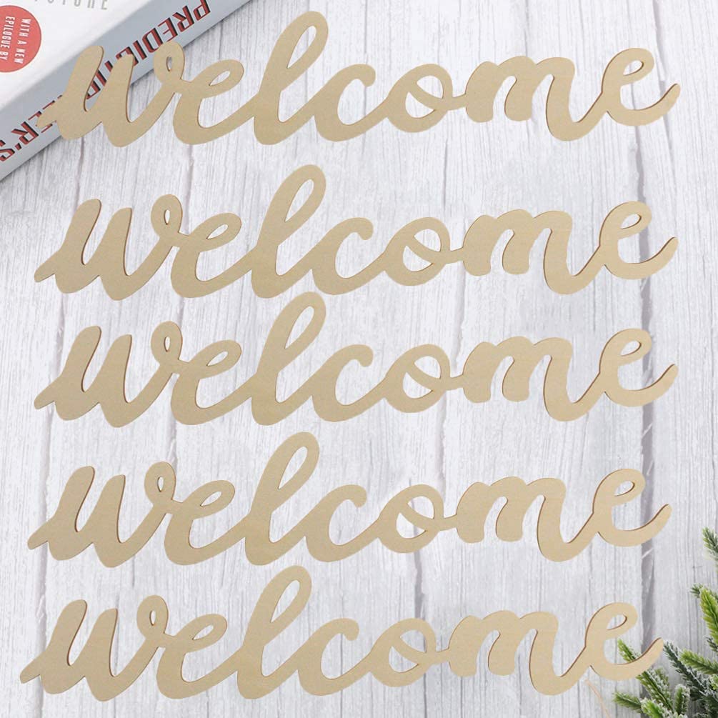NUOBESTY 5PCS Welcome Wood Sign Cutout Unfinished Wooden Letter Sign Farmhouse Front Door Sign with 5pcs Ropes Decorative DIY Block Words Plaque for Easter Wreath Wall Art Decoration NUOBESTY
