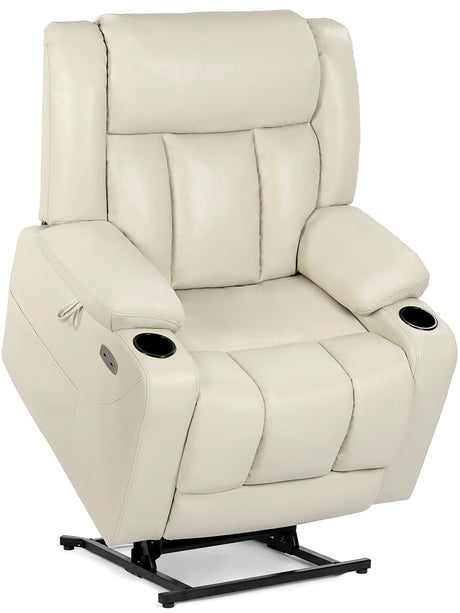EONIX Dual Motor Oversized Power Lift Recliner Chair for Elderly, 400lbs Heavy Duty Faux Leather Recliner with Massage and Heat, Lay Flat Big and Tall Lift Chair with Cup Holders, Cream White EONIX