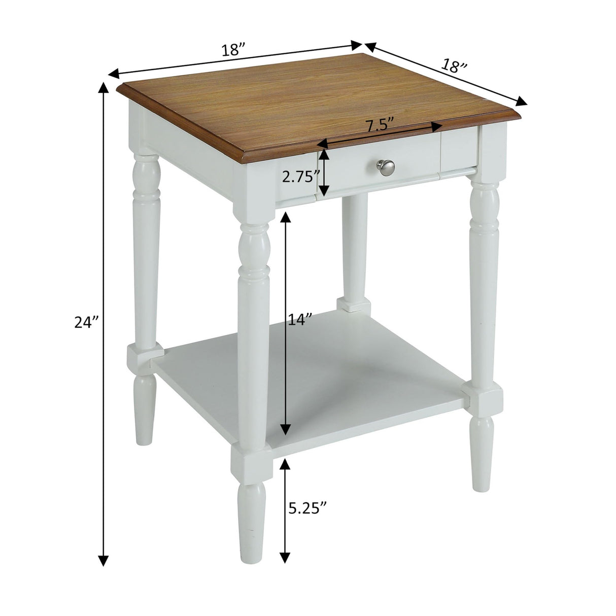 Convenience Concepts French Country End Table 18" -Traditional Farmhouse Side Table with Storage Drawer and Shelf, Living Room, Driftwood/White Convenience Concepts