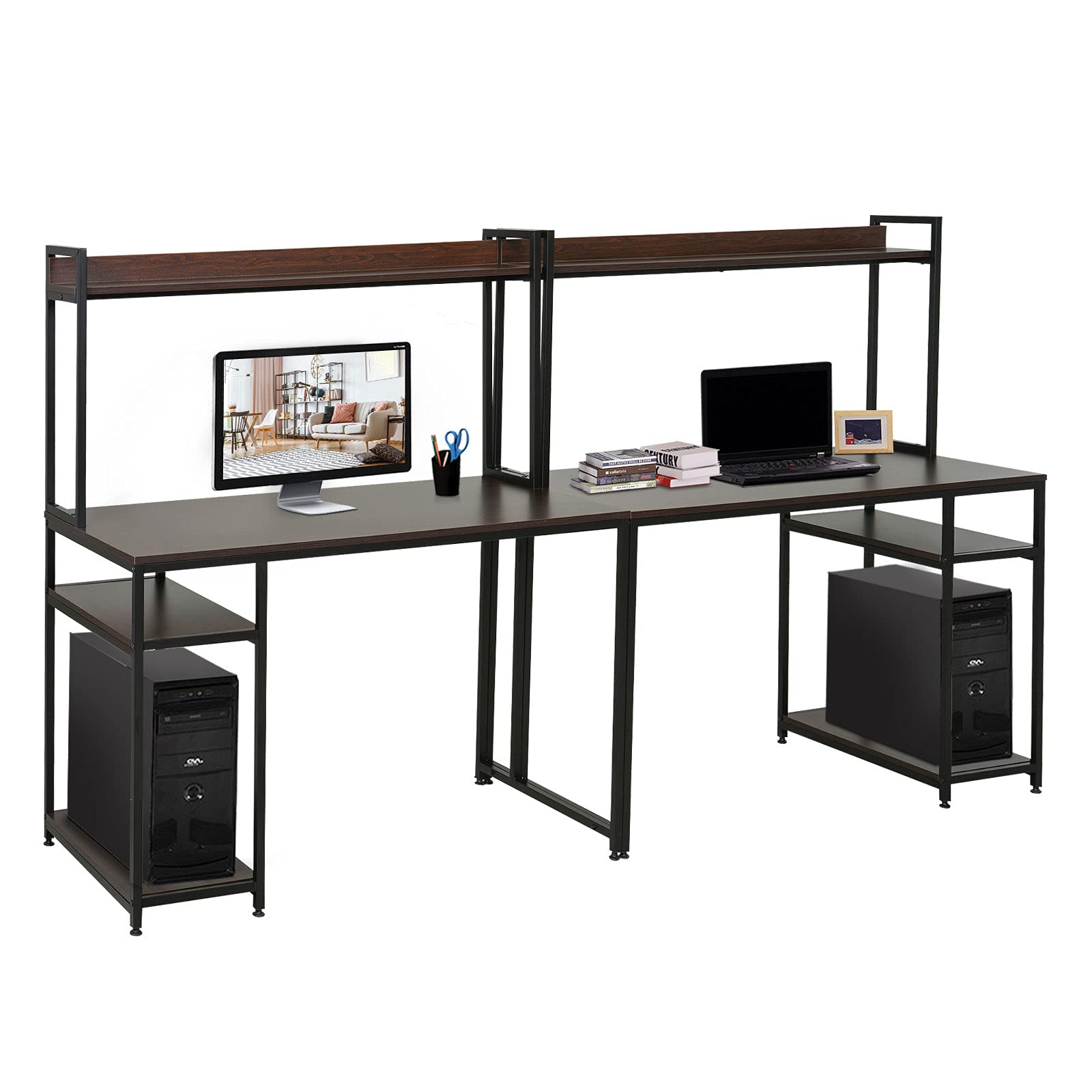 HOMCOM 94.5in Industrial Double Computer Desk with Hutch and Storage Shelves, Extra Long Two Person Home Office Desk, Writing Table Workstation for 2 People with CPU Stand, Brown Wood Grain - WoodArtSupply