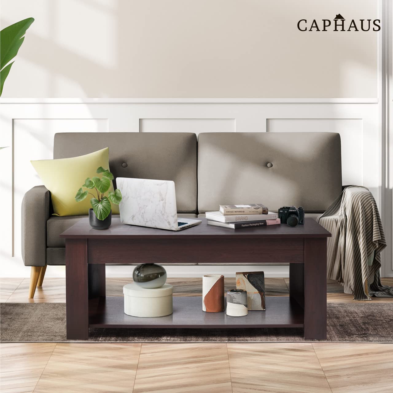 CAPHAUS 47' Natural Oak Lift Top Coffee Table with Storage, 110 lbs Capacity, 11 lbs Lifted - WoodArtSupply