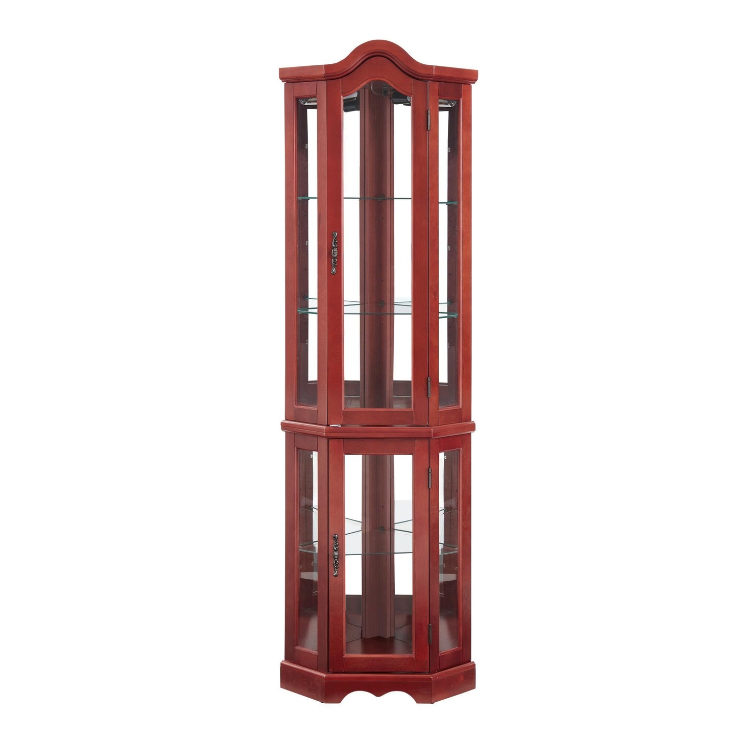 KEIKI Corner Curio Cabinet with Light, Glass Corner Cabinet Display Case with Adjustable Glass Shelves & Carved Decoration, Lighted Corner Showcase with Bulb, Mirrored Back Panel, Glass Doors, Cherry