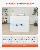 VEVOR Reception Desk, 47 Inch Rectangular Front Counter Table, Office Reception Desk with LED Light, 2 Drawers and Power Outlets, for Checkout, Lobby, Beauty Salon and Office, White VEVOR