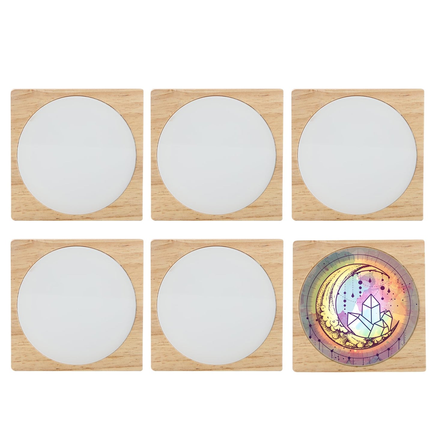 PYD Life 6 Pack Sublimation Night Lights Blanks LED Glass Photo Frames Panels White 3.5" Round with Warm Light,with 3.9" Square Wooden Display Base for Heat Press Machine Printing