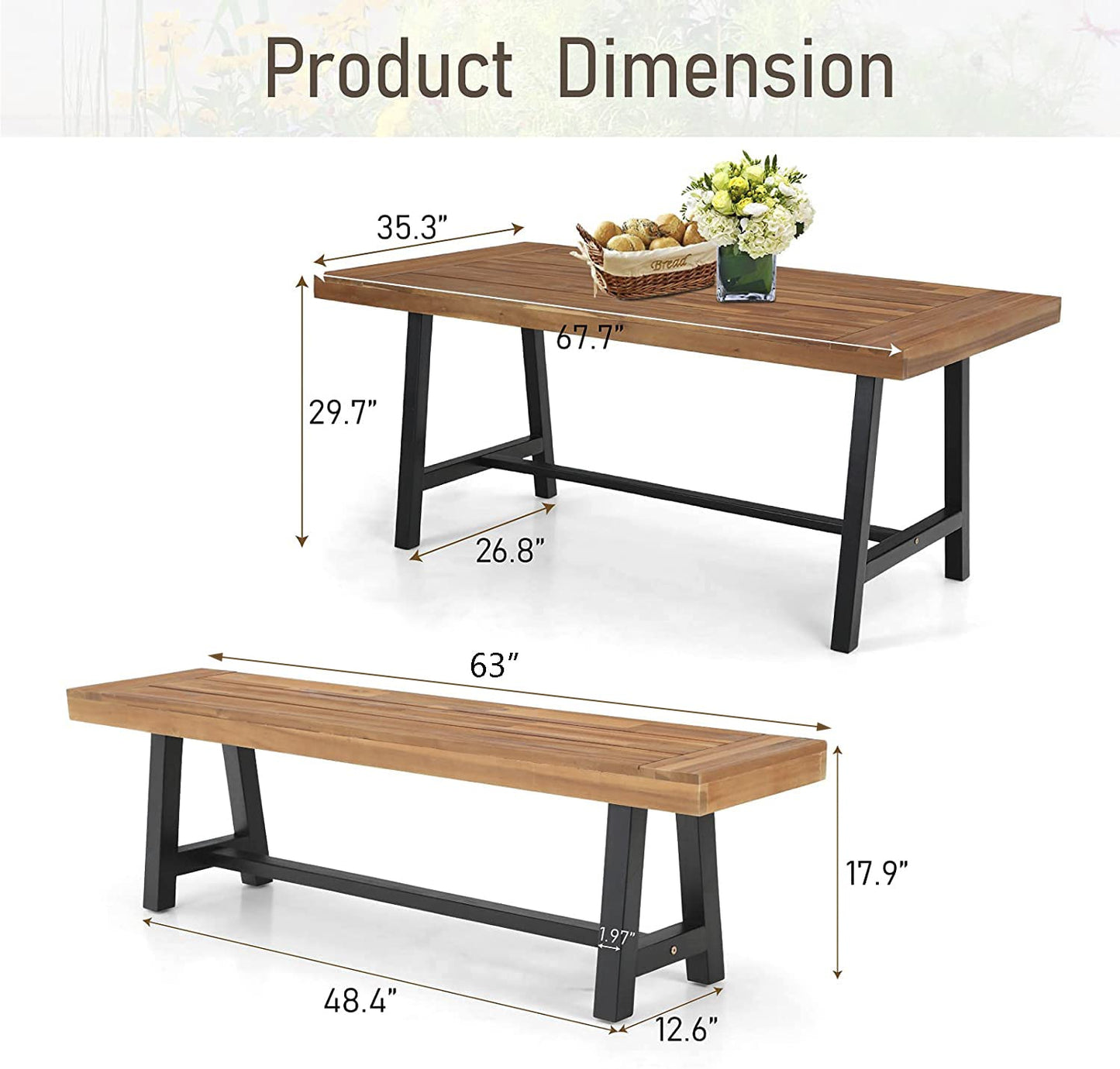 MFSTUDIO 3 Pieces Outdoor Patio Dining Set,Acacia Wood Table Bench Furniture Set with 1 Rectangular Picnic Wooden Table and 2 Benches for Backyard, Garden, Lawn-Teak Color - WoodArtSupply