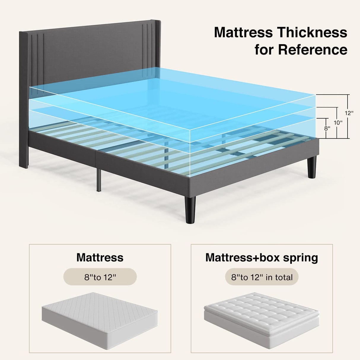 Gizoon Dark Grey Upholstered Full Bed Frame with Wingback Headboard and Wooden Slats Gizoon