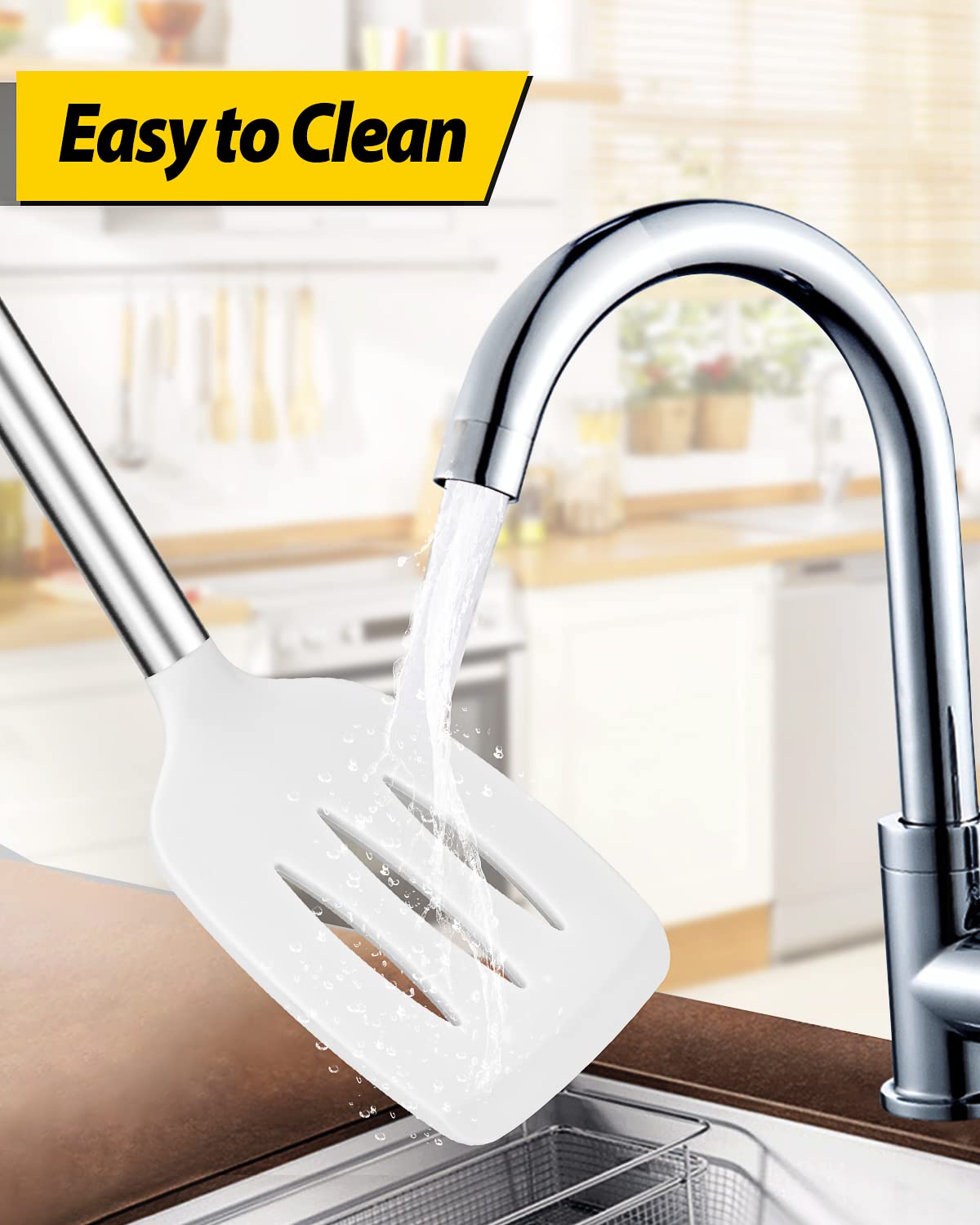 Pack of 2 Silicone Solid Turner, Non Stick Slotted Kitchen Spatulas, High Heat Resistant BPA Free Cooking Utensils, Ideal Cookware for Fish, Eggs, Pancakes(White) BUNDLEPRO