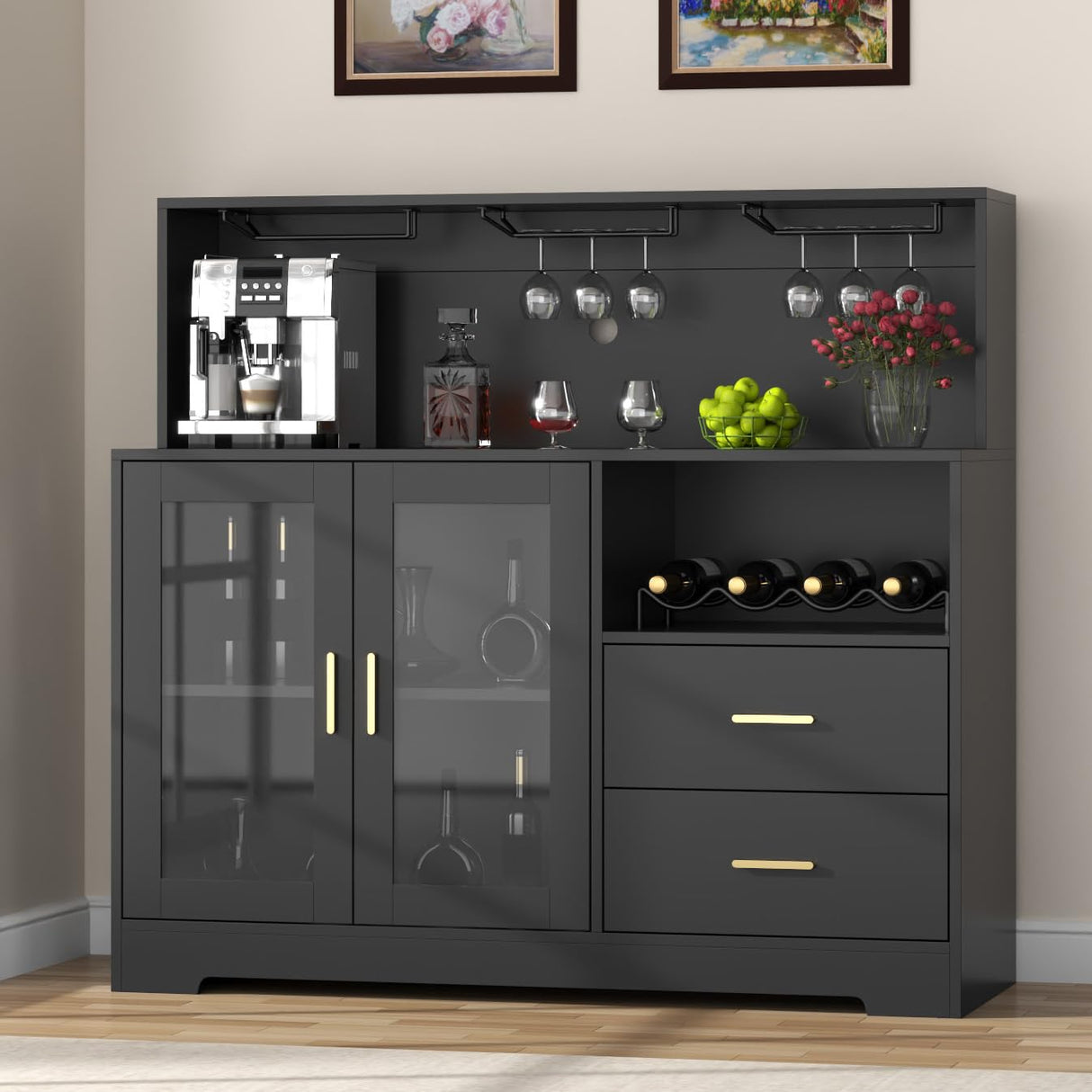 Auromie Wine Bar Cabinet with LED Light, Home Coffee Cabinet with Wine and Glass Rack, Kitchen Buffet Sideboard with Storage Cabinet&Drawers, Modern Liquor Cabinet for Living Room Dining Room (Black) Auromie