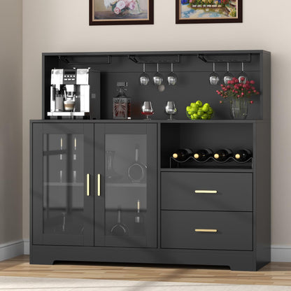 Auromie Wine Bar Cabinet with LED Light, Home Coffee Cabinet with Wine and Glass Rack, Kitchen Buffet Sideboard with Storage Cabinet&Drawers, Modern Liquor Cabinet for Living Room Dining Room - WoodArtSupply