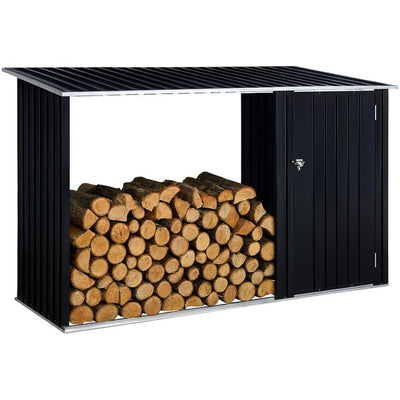 CWKISS 2-in-1 Outdoor Garden Storage Shed with Firewood Rack, Heavy Duty Galvanized Steel Tool Shed with Sloped Roof, Weather-Resistant Backyard Storage for Tools, Equipment & Firewood