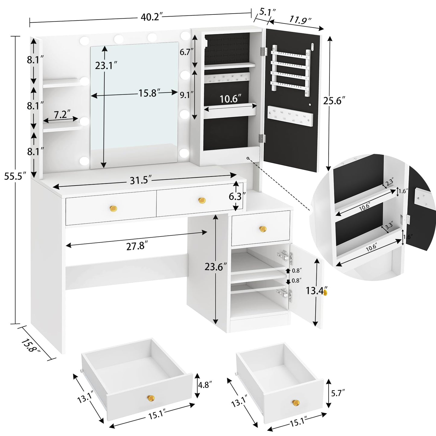 FIONESO Makeup Vanity Desk with Mirror and Lights, Vanity Desk with Jewelry Cabinet, Makeup Vanity Table with 2 Shelves & 2 Cabinets & 3 Drawers, Women, Girls, for Bedroom, White