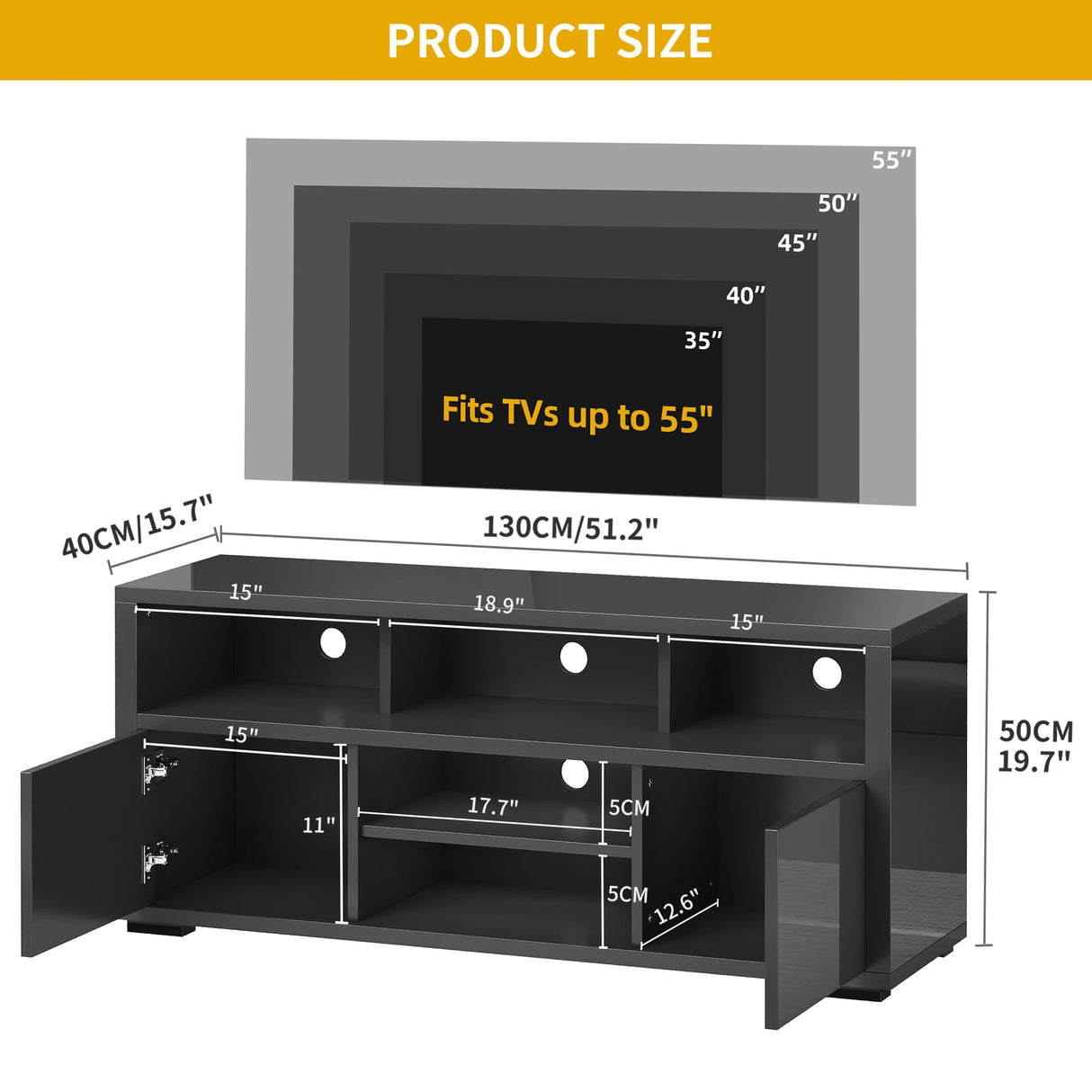 DWVO LED TV Stand for 55 Inch TV, Entertainment Center with 2 Storage Cabinet, 5 Open Shelves, Modern High Glossy Wood TV Console Table for Home, Living Room, Gaming Media Stand, Black DWVO