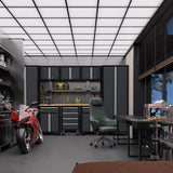 HPDMC 9-Piece Steel Garage Storage Cabinet System with Wooden Work Top, 130 in. L x 18 in. D x 76 in. H Assembled Workshop Chest Cabinet Set in Charcoal Gray HPDMC