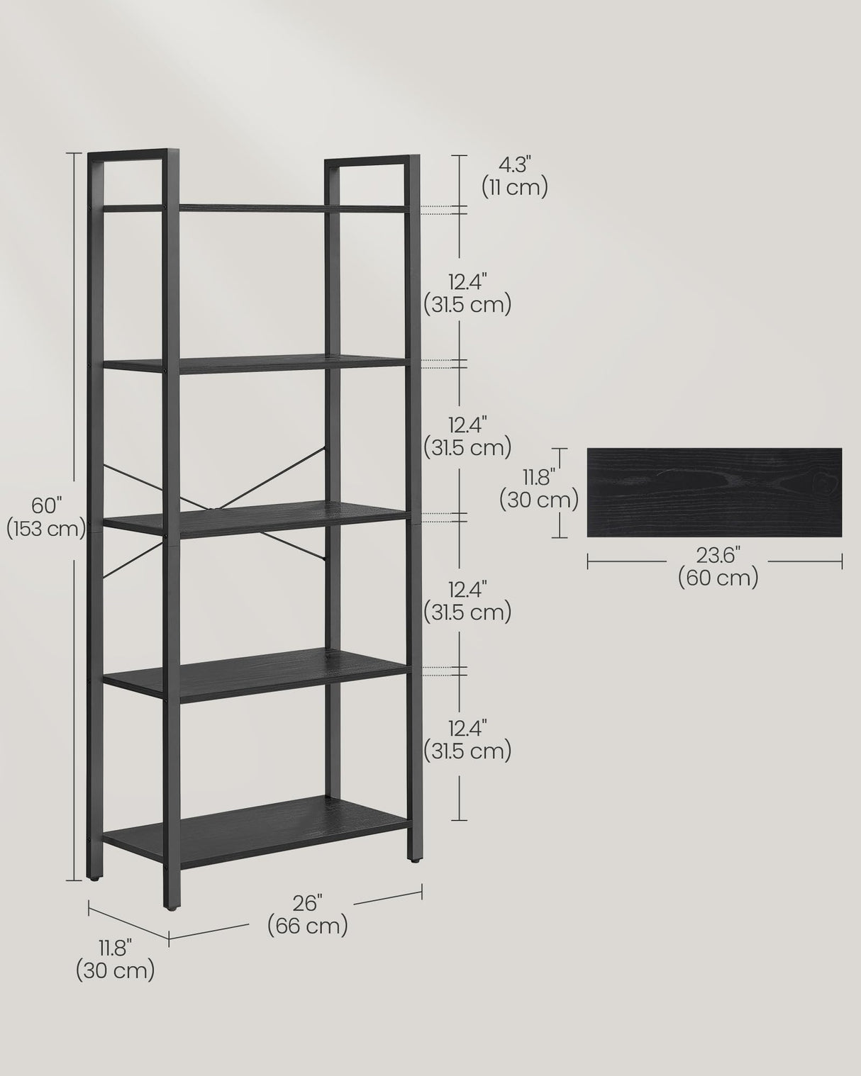 VASAGLE Industrial 5-Tier Bookshelf with Steel Frame in Ebony Black VASAGLE