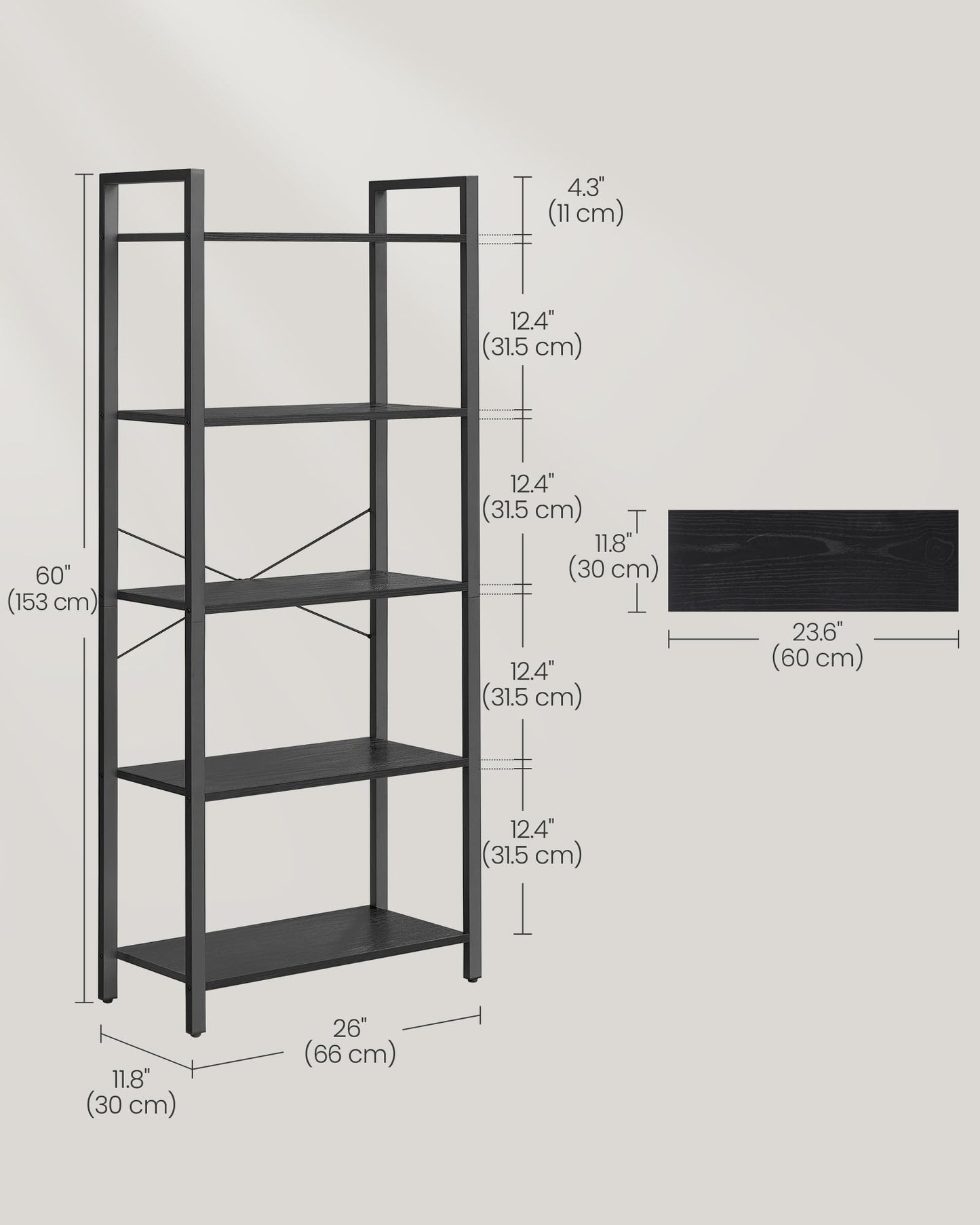 VASAGLE Industrial 5-Tier Bookshelf with Steel Frame in Ebony Black - WoodArtSupply