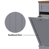 TOLEAD Double Tilt Out Trash Cabinet 20 Gallon,Antique-style Beadboard Trash Can Cabinet Kitchen with Solid Wood Tabletop & Drawer, Pet Proof Trash Can, Wood Laundry Cabinet (Grey) TOLEAD