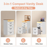 Trygoal 3 in 1 Compact Vanity, Small Dresser Desk with Flip-Top Mirror & Hidden Stool, Farmhouse Vanity Desk with USB Charging Station & 3-Color Lighting, Nightstand with Visible Glass Desktop, White Trygoal