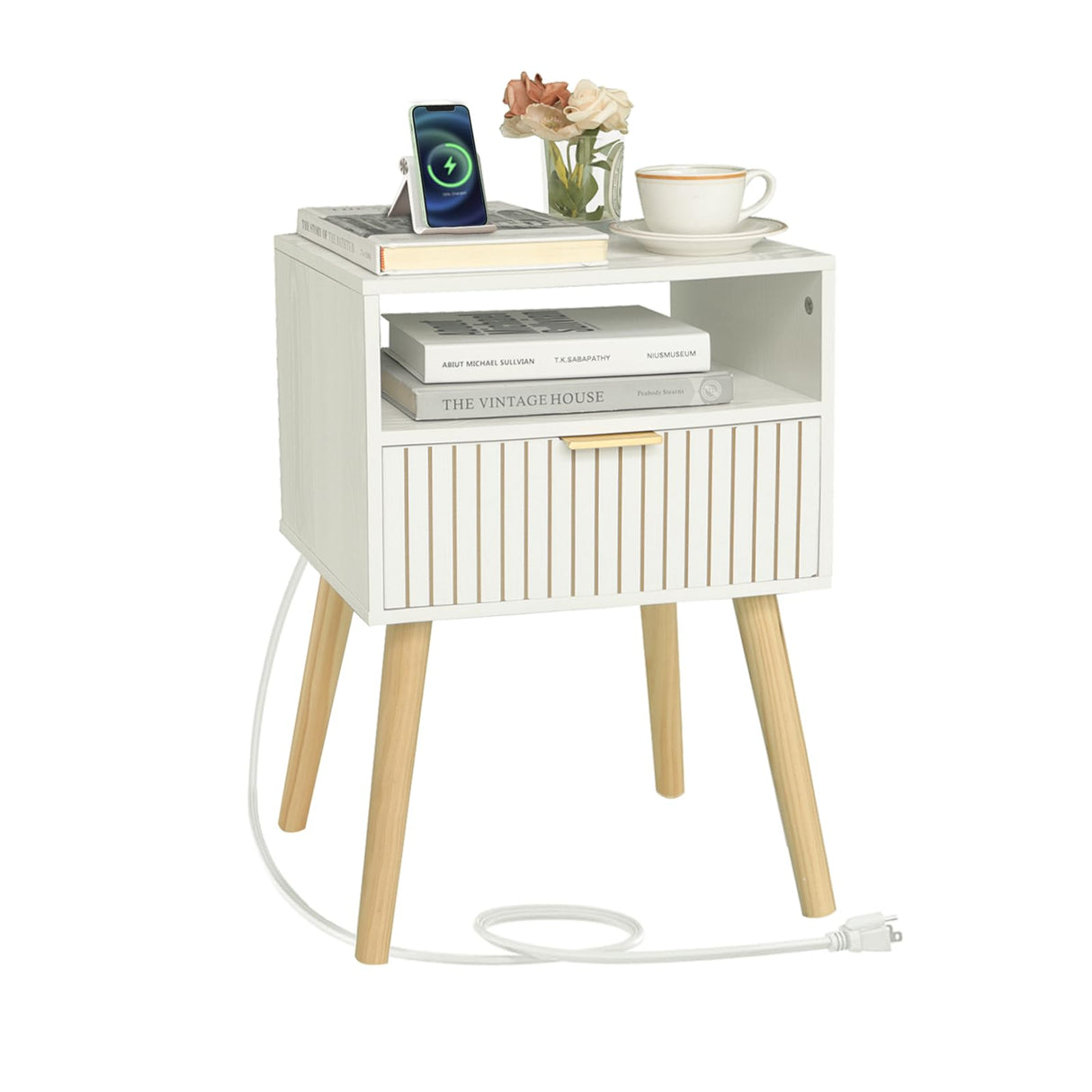 White Nightstand with Charging Station, Mid Century Modern Nightstand with Liner Drawer and Solid Wood Legs, Small Bedside Table End Table for Bedroom with 2-Tier Storage, White MaxSmeo