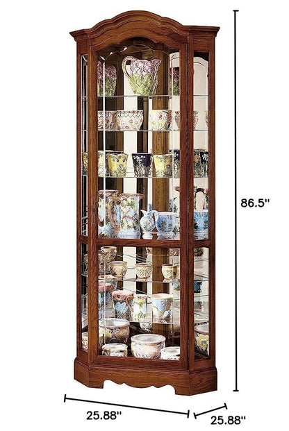 Howard Miller Bloembergen Corner Curio Cabinet, Illuminate Storage Cabinets with Yorkshire Finish - Adjustable Levelers Collectibles Glass Shelves for Home Decor, Living Room and Office