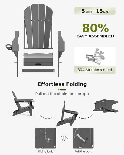 MUCHENGHY Folding Adirondack Chairs HDPE Weather Resistant, Patio Firepit Chairs, Sturdy Outside Chairs, Lawn Chairs, 15min Assembly 380lb Grey - WoodArtSupply