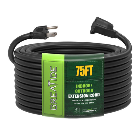 GREATIDE Indoor Outdoor Extension Cord 75 FT, 16/3 SJTW Weatherproof Black Electrical Cords, 13 AMP Heavy Duty 3 Prong Power Cable Great for Garden, Landscaping & Holiday Decorations GREATIDE